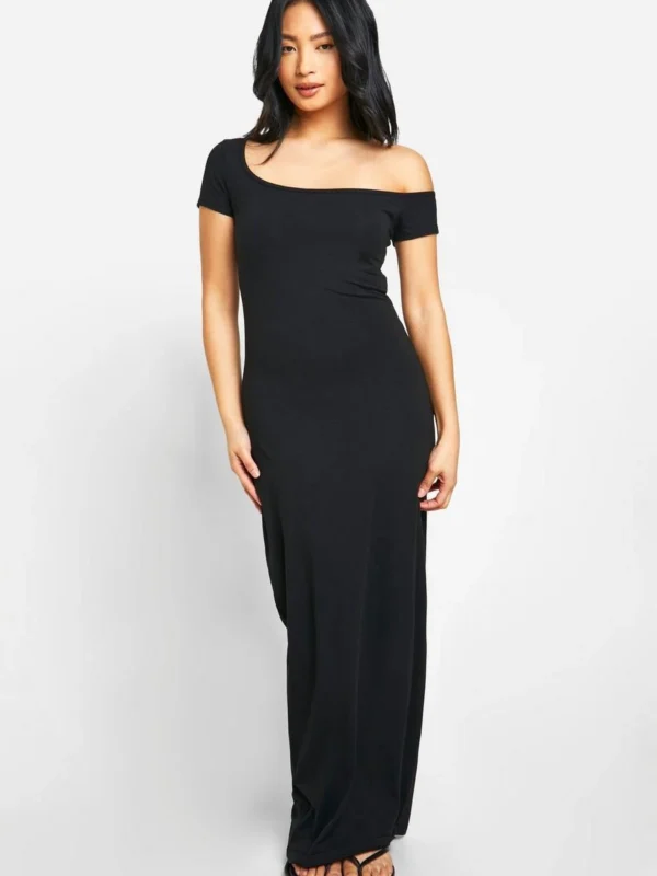 Outlet -BamBam Fashion Shop female black petite basic cotton asym neck bodycon maxi dress