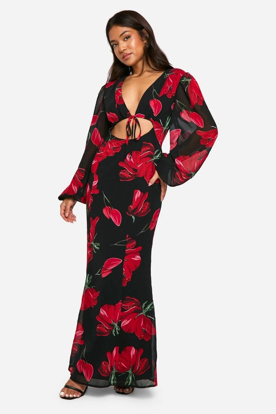 BOOHOO Petite Chiffon Floral Volume Sleeve Maxi Dress 1 BOOHOO Petite Chiffon Floral Volume Sleeve Maxi Dress