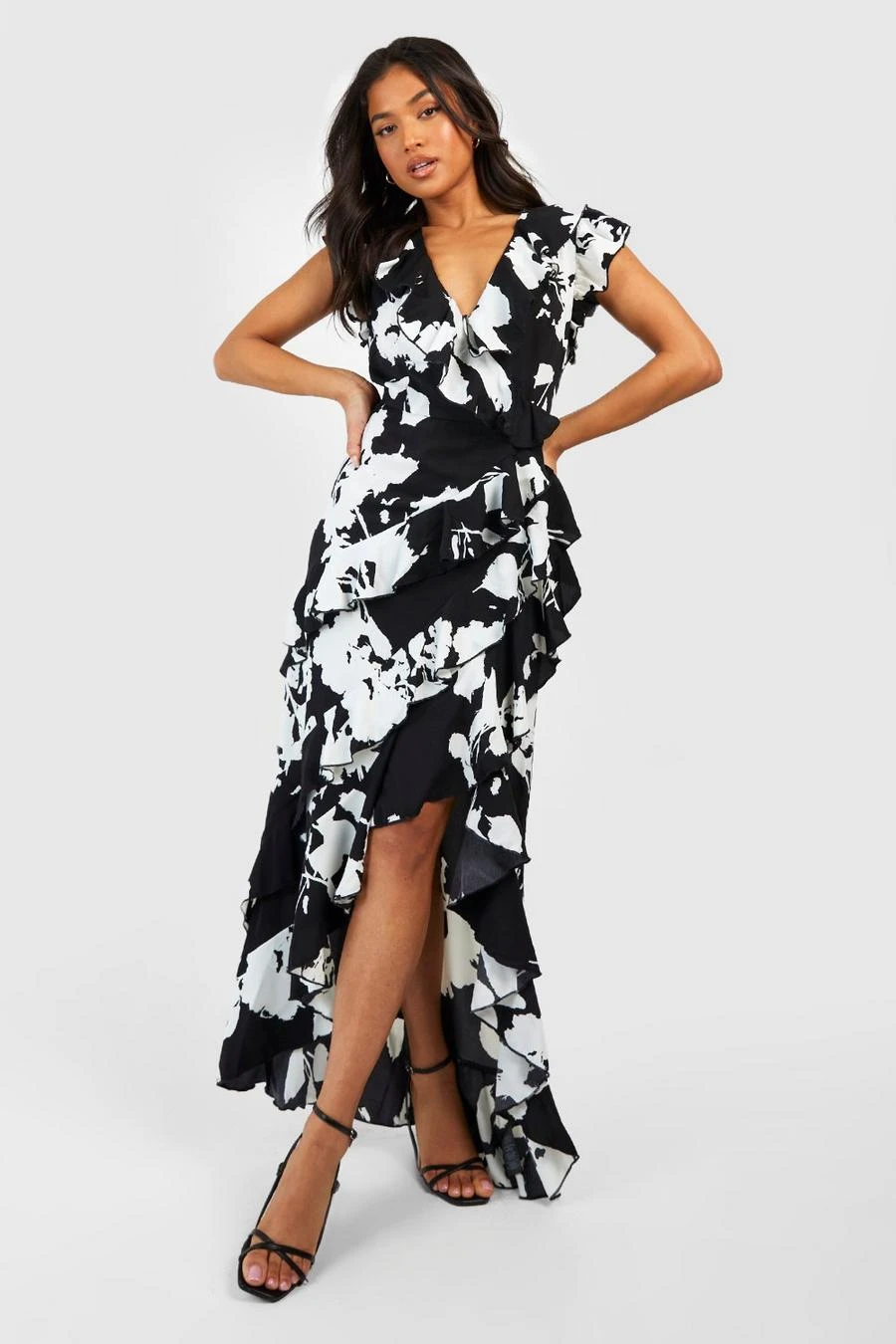 BOOHOO Petite Mono Floral Wrap Ruffle Maxi Dress 1 BOOHOO Petite Mono Floral Wrap Ruffle Maxi Dress