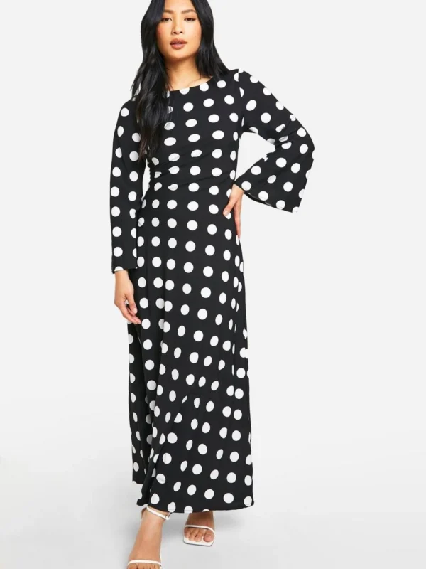 Outlet -BamBam Fashion Shop female black petite polkadot print flare sleeve maxi dress