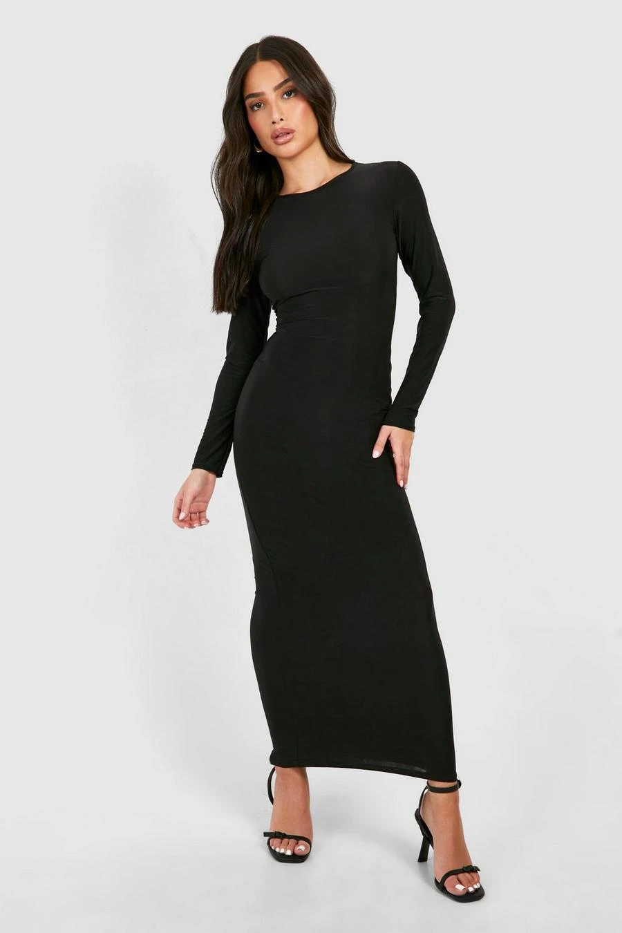 BOOHOO Petite Slinky Scoop Neck Long Sleeve Maxi Dress 1 BOOHOO Petite Slinky Scoop Neck Long Sleeve Maxi Dress