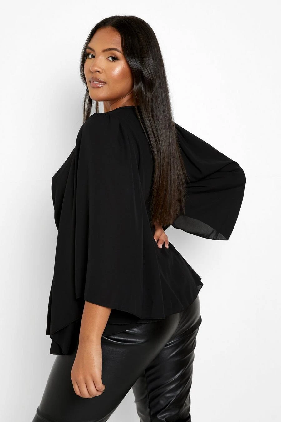 BOOHOO Black Plus Angel Sleeve Wrap Peplum Blouse 2 BOOHOO Black Plus Angel Sleeve Wrap Peplum Blouse - Image 2