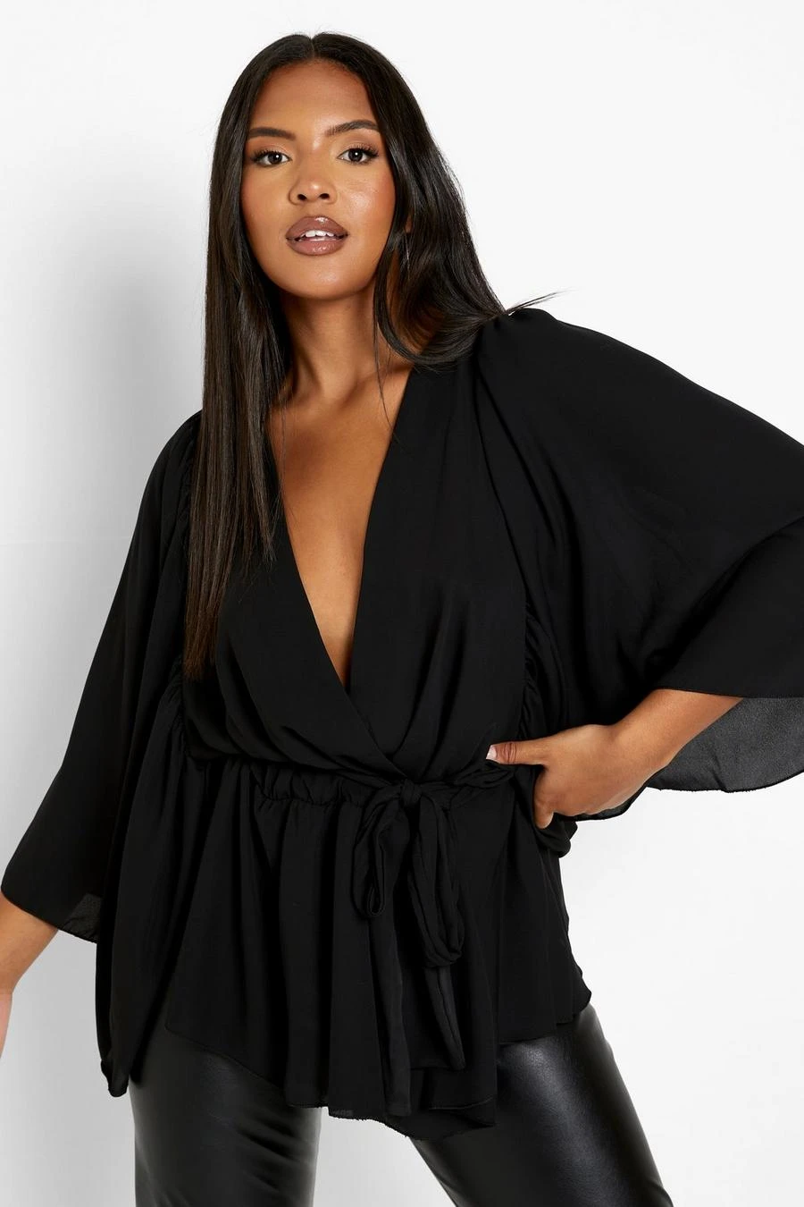 BOOHOO Black Plus Angel Sleeve Wrap Peplum Blouse 1 BOOHOO Black Plus Angel Sleeve Wrap Peplum Blouse