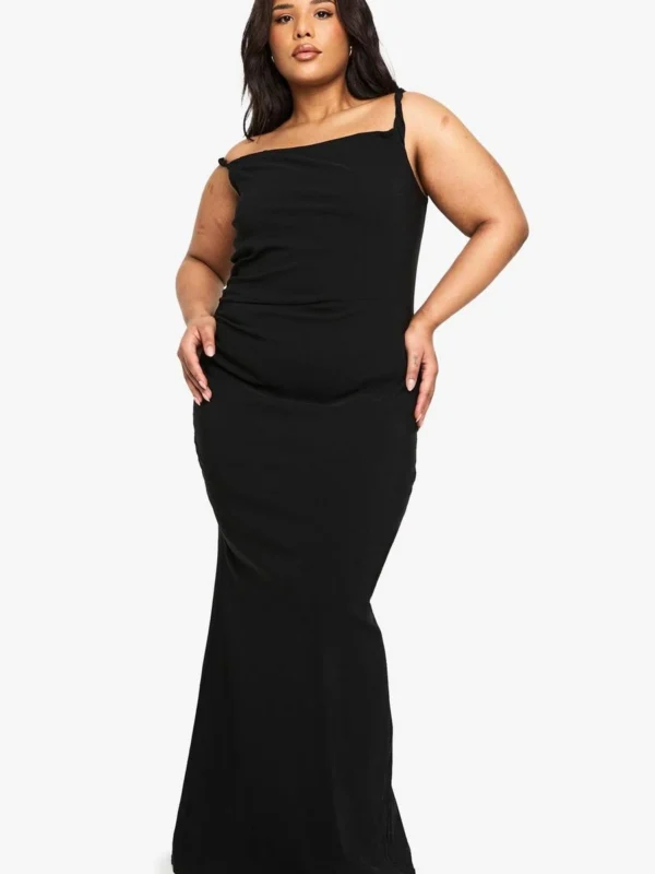 Outlet -BamBam Fashion Shop female black plus asymmetric knot detail bengaline maxi dress 2