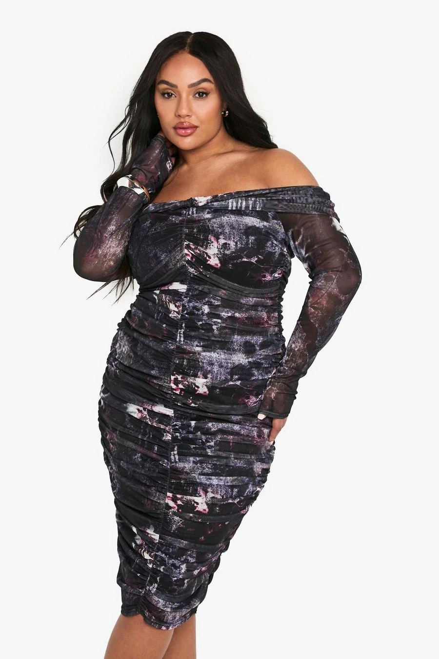 BOOHOO PLUS BARDOT RUCHED DETAIL LONG SLEEVE MAXI DRESS 3 BOOHOO PLUS BARDOT RUCHED DETAIL LONG SLEEVE MAXI DRESS - Image 3