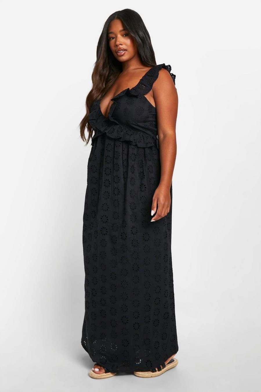BOOHOO Plus Broderie Ruffle Plunge Maxi Dress 3 BOOHOO Plus Broderie Ruffle Plunge Maxi Dress - Image 3