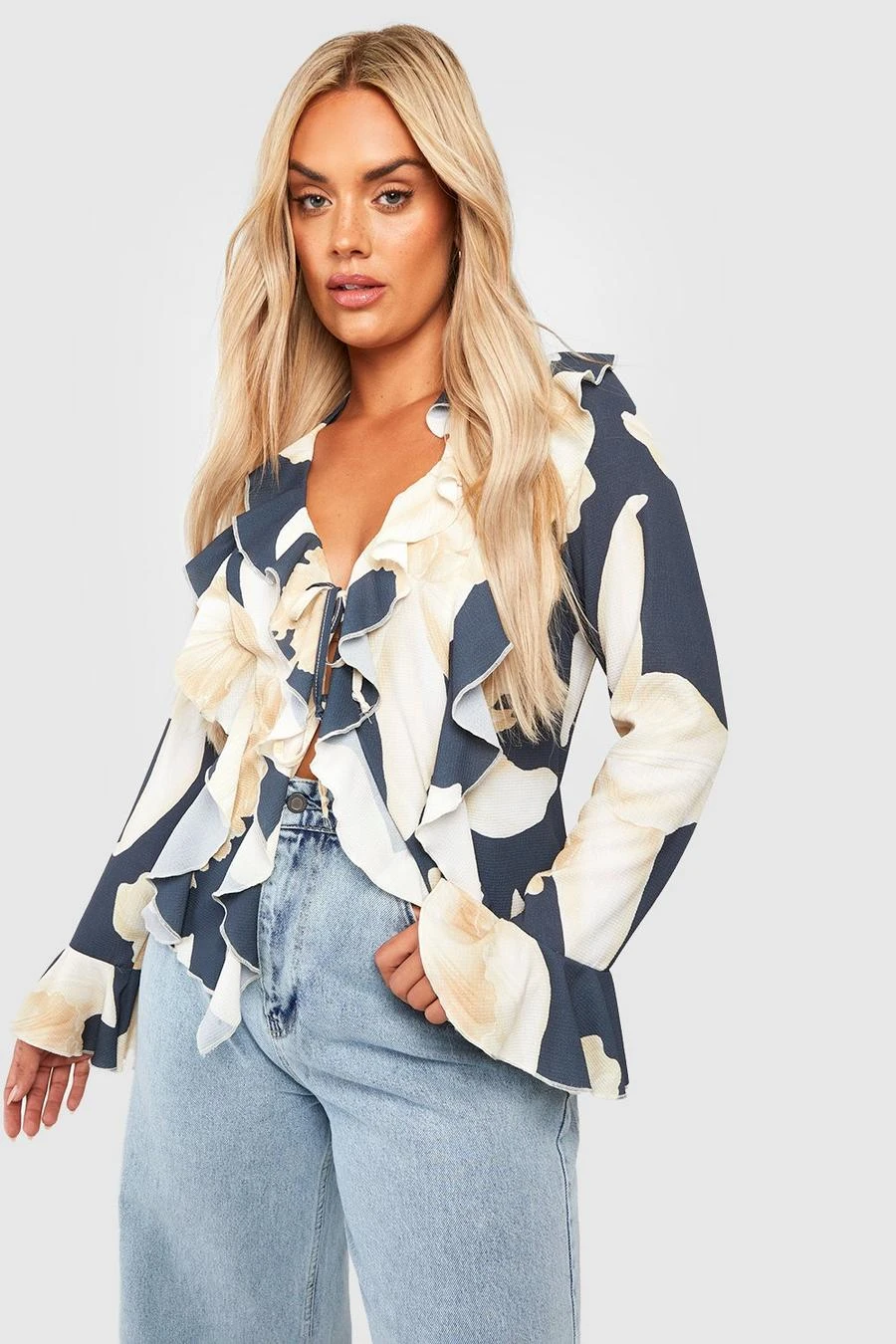 BOOHOO Plus Floral Double Ruffle Frill Blouse 1 BOOHOO Plus Floral Double Ruffle Frill Blouse