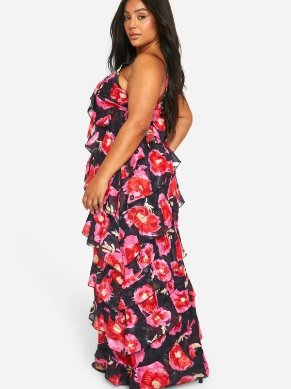 Outlet -BamBam Fashion Shop female black plus floral printed ruffle strap maxi dress 1