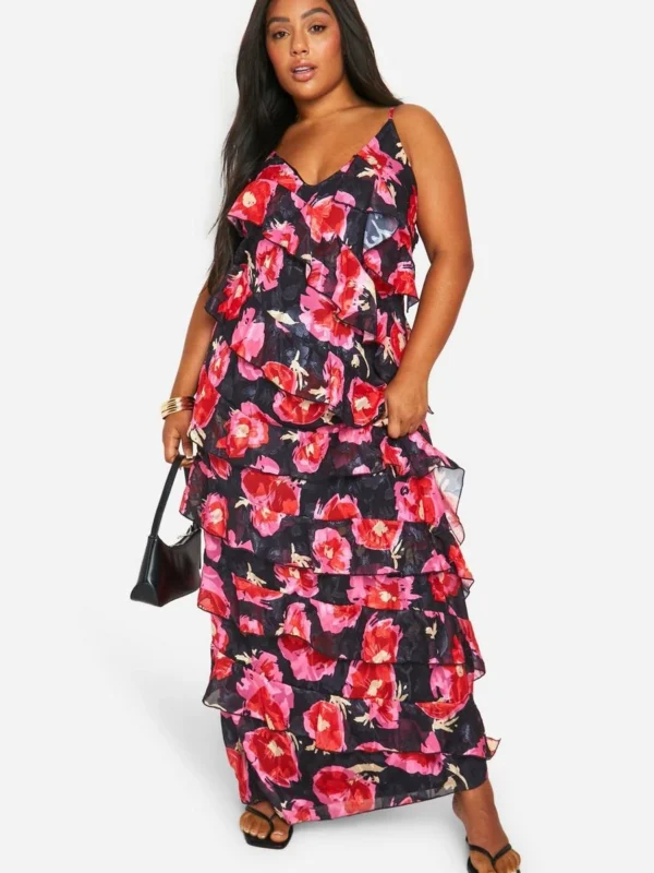 Outlet -BamBam Fashion Shop female black plus floral printed ruffle strap maxi dress 2