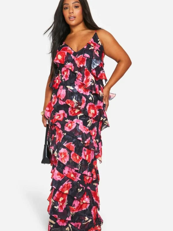 Outlet -BamBam Fashion Shop female black plus floral printed ruffle strap maxi dress