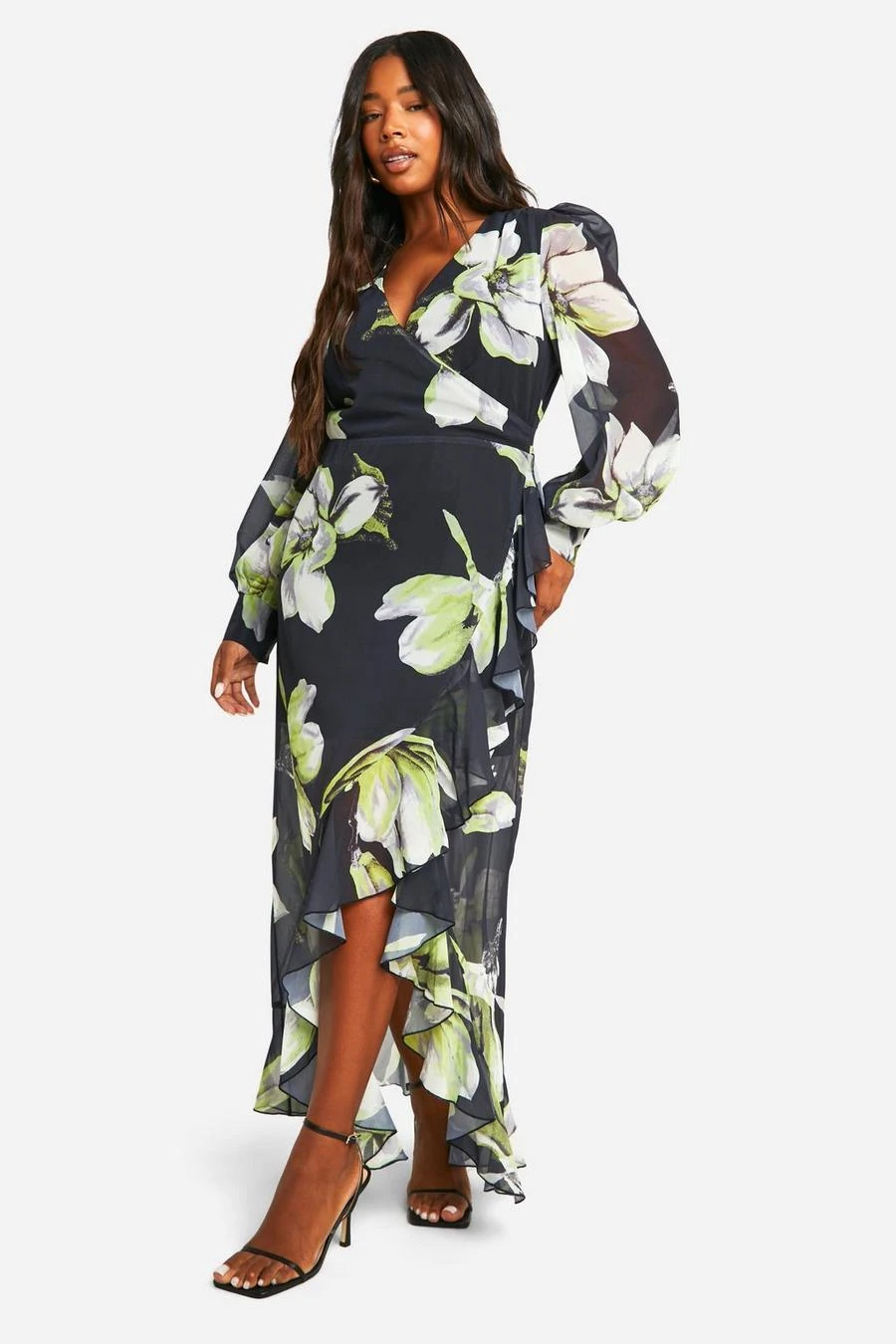 BOOHOO Plus Floral Ruffle Wrap Maxi Dress 1 BOOHOO Plus Floral Ruffle Wrap Maxi Dress