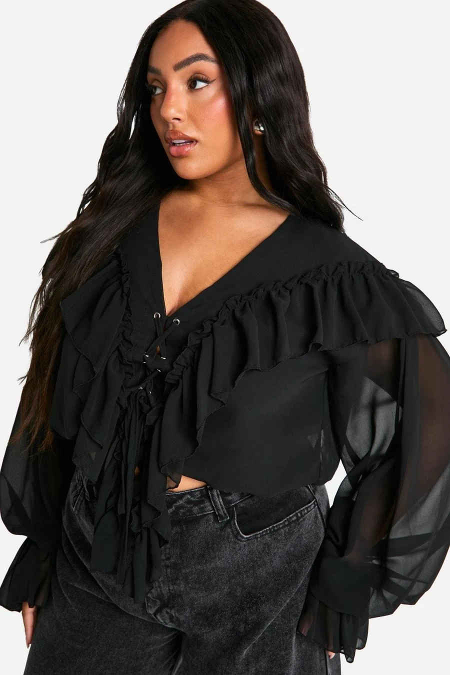 BOOHOO Plus Lace Up Front Ruffle Blouse 4 BOOHOO Plus Lace Up Front Ruffle Blouse - Image 4