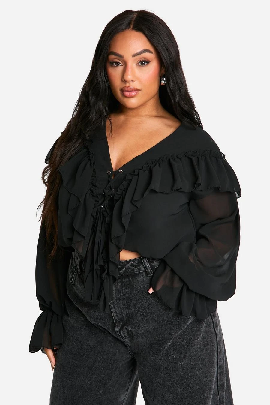BOOHOO Plus Lace Up Front Ruffle Blouse 1 BOOHOO Plus Lace Up Front Ruffle Blouse