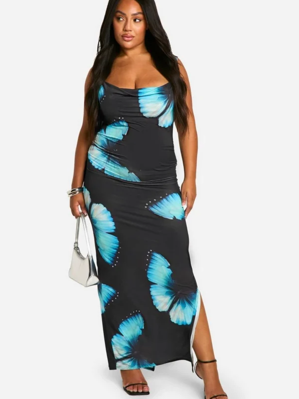 Outlet 1 Outlet -BamBam Fashion Shop female black plus large print slinky cowl maxi