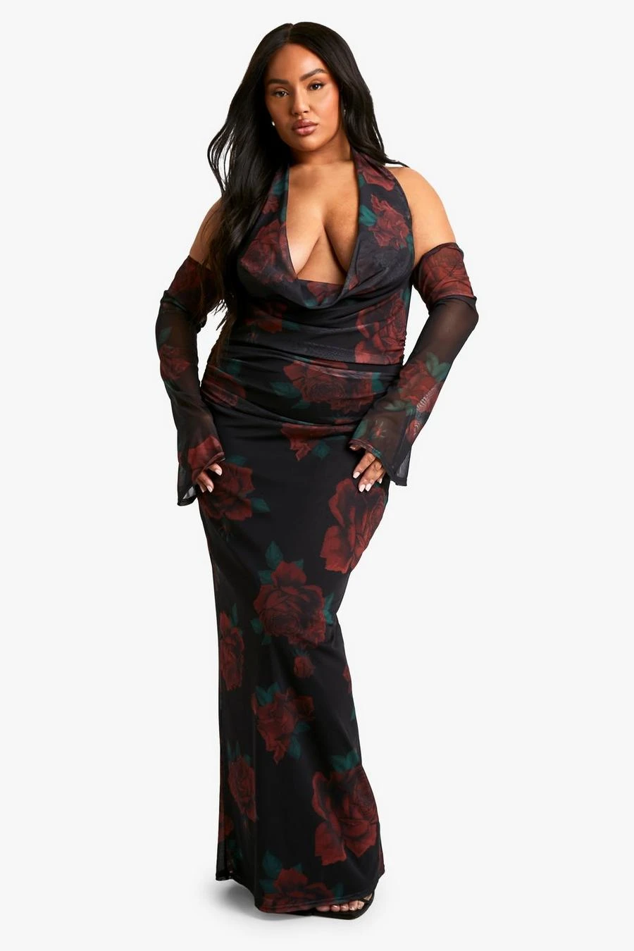 BOOHOO Plus Mesh Printed Cowl Neck Ruched Maxi Dress 1 BOOHOO Plus Mesh Printed Cowl Neck Ruched Maxi Dress
