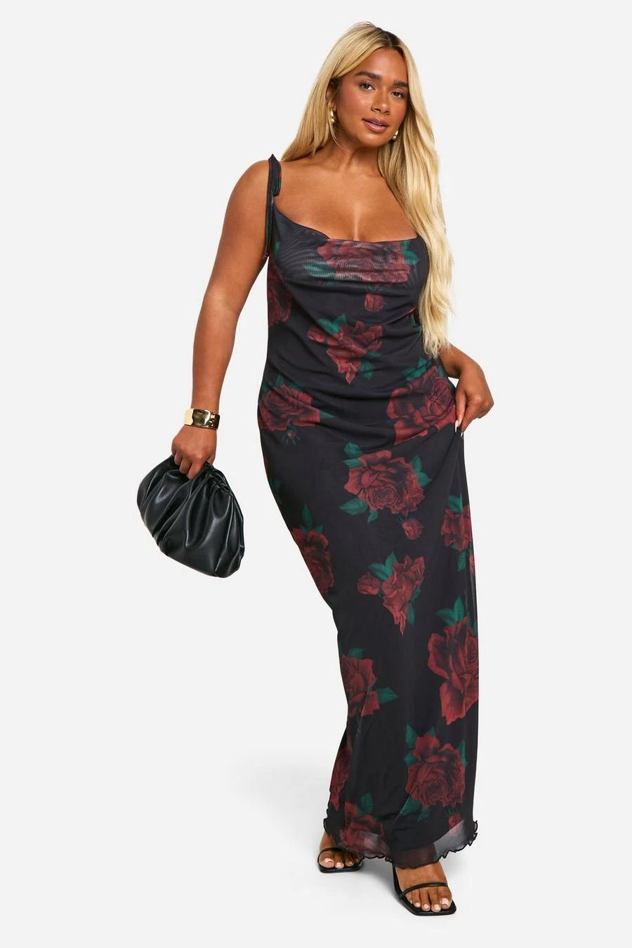 BOOHOO Plus Mesh Rose Floral Tie Cowl Neck Maxi Dress 3 BOOHOO Plus Mesh Rose Floral Tie Cowl Neck Maxi Dress - Image 3