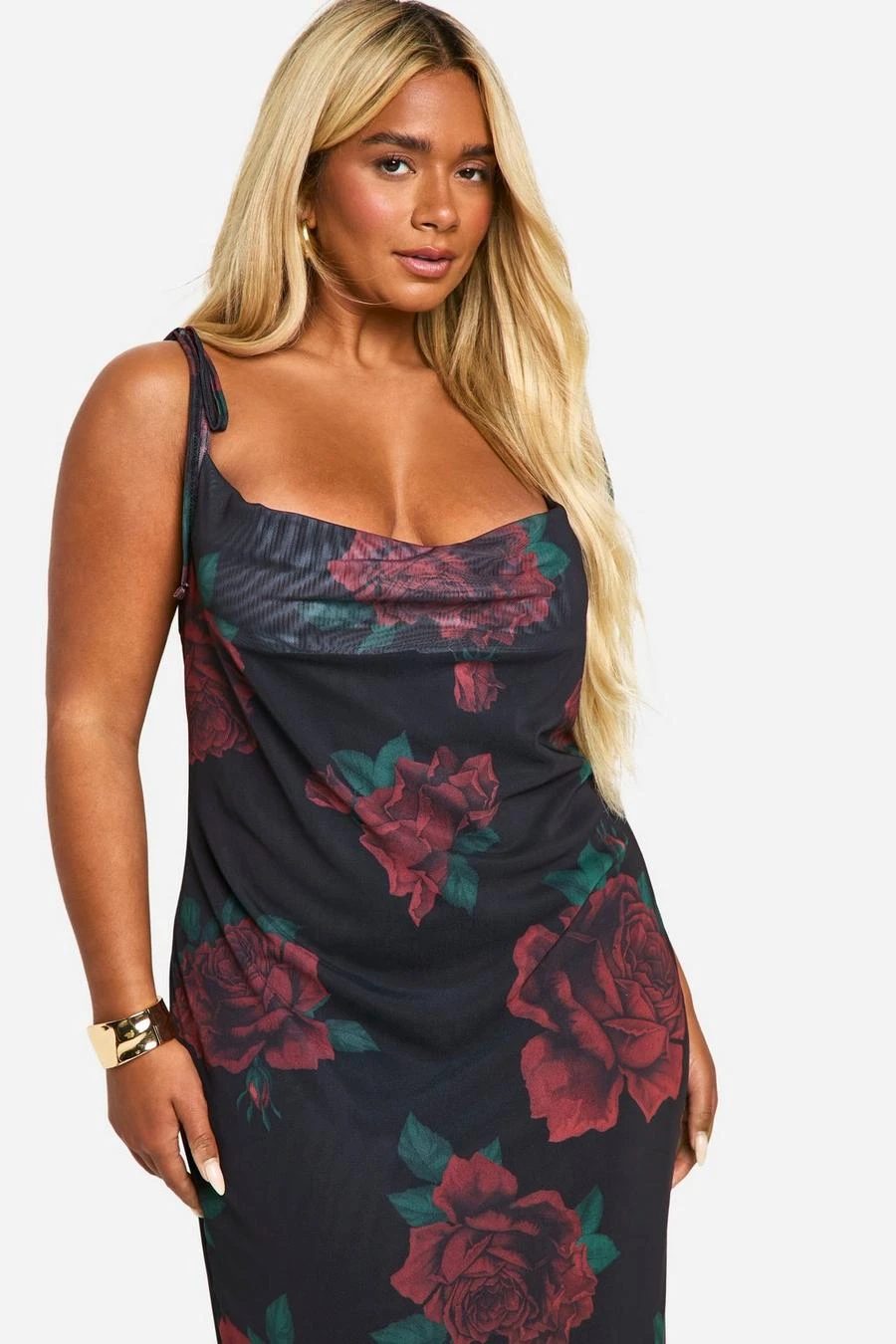 BOOHOO Plus Mesh Rose Floral Tie Cowl Neck Maxi Dress 4 BOOHOO Plus Mesh Rose Floral Tie Cowl Neck Maxi Dress - Image 4