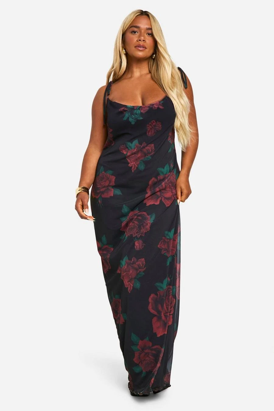 BOOHOO Plus Mesh Rose Floral Tie Cowl Neck Maxi Dress 1 BOOHOO Plus Mesh Rose Floral Tie Cowl Neck Maxi Dress