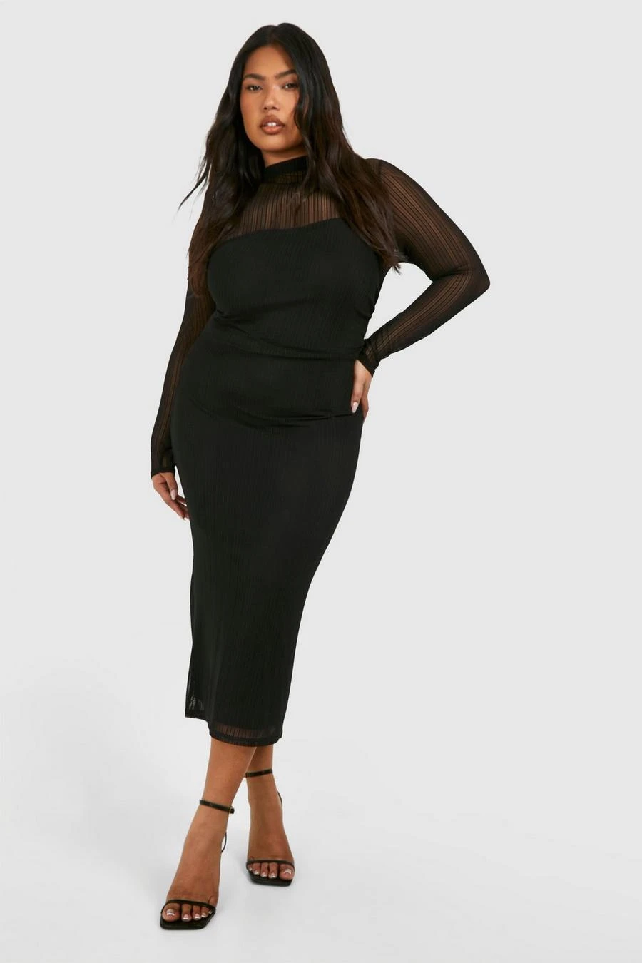 BOOHOO Plus Rib Mesh Long Sleeve Midi Dress 1 BOOHOO Plus Rib Mesh Long Sleeve Midi Dress