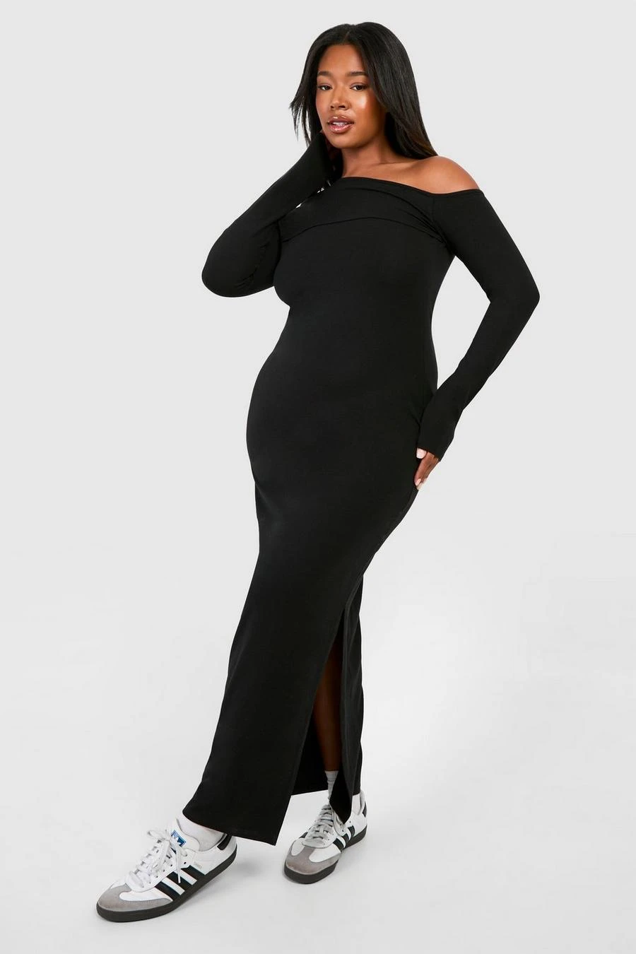 BOOHOO Plus Ruched Bardot Long Sleeve Maxi Dress 1 BOOHOO Plus Ruched Bardot Long Sleeve Maxi Dress