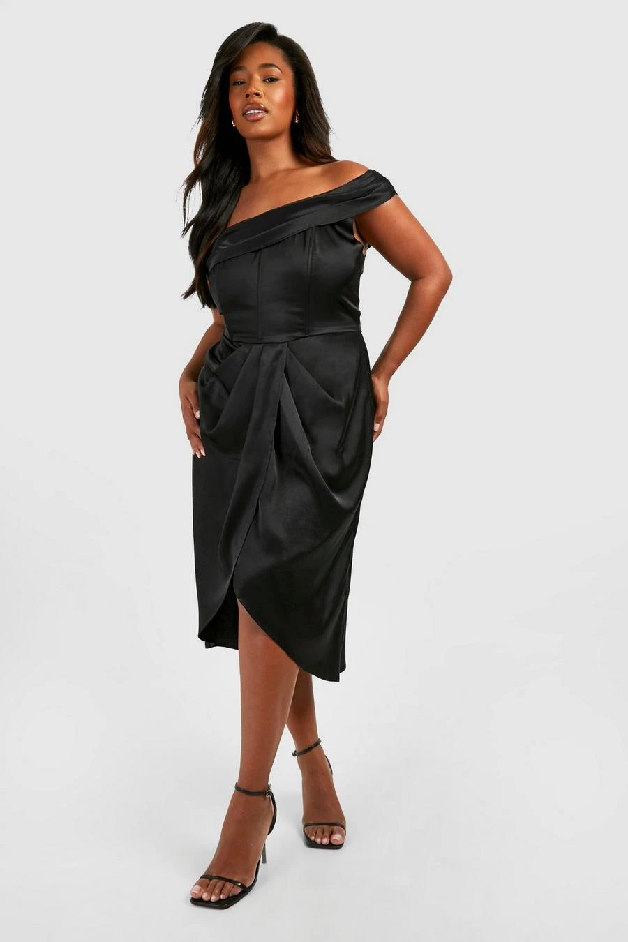 BOOHOO Plus Satin Corset Shoulder Wrap Midi Dress 1 BOOHOO Plus Satin Corset Shoulder Wrap Midi Dress