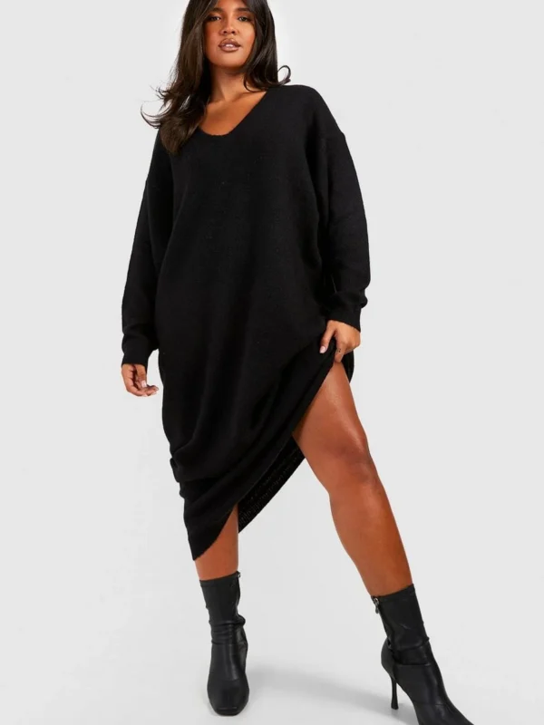 Outlet -BamBam Fashion Shop female black plus slouchy soft knit maxi knitted dress