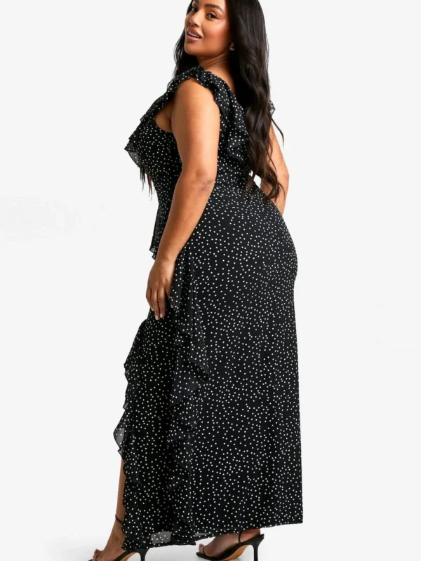 Outlet -BamBam Fashion Shop female black plus spot print ruffle detail maxi dress 1