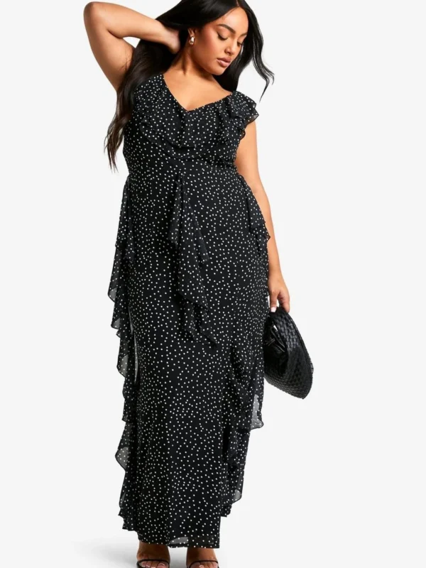 Outlet -BamBam Fashion Shop female black plus spot print ruffle detail maxi dress 2