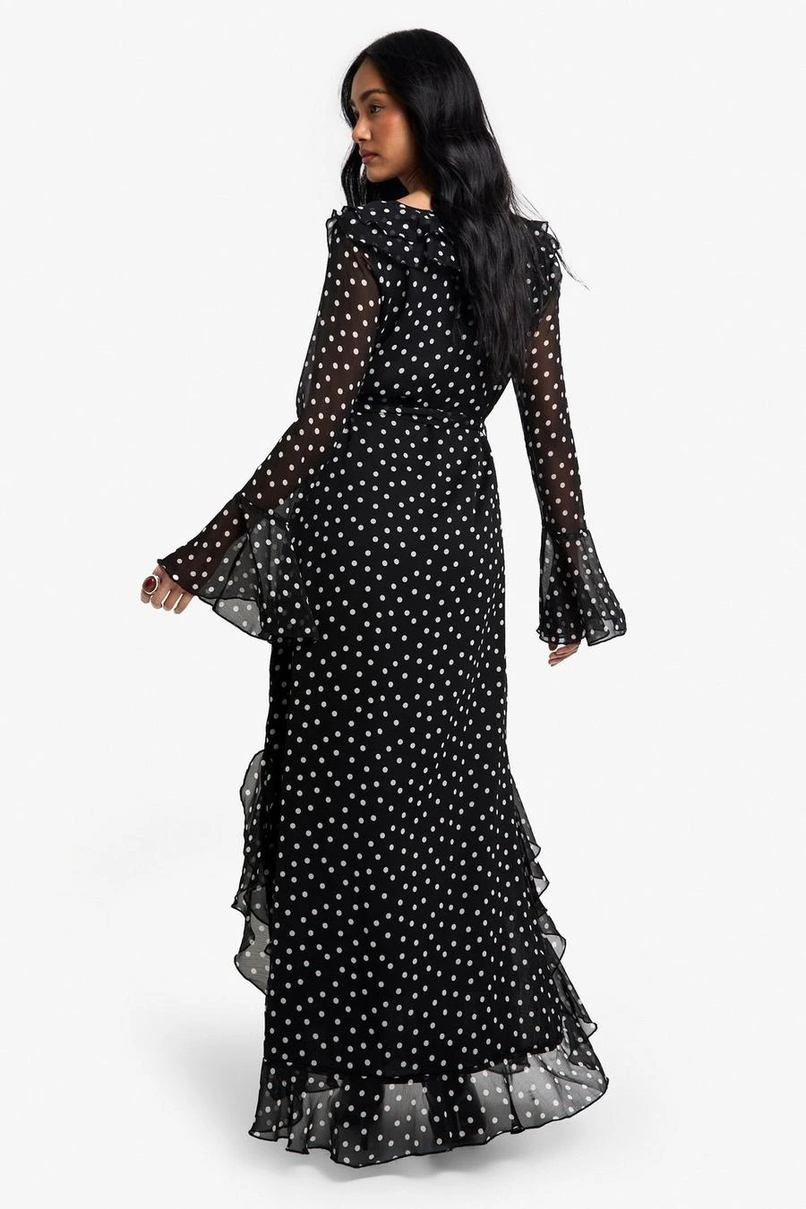 BOOHOO Polka Dot Ruffle Flare Sleeve Belted Chiffon Maxi Dress 2 BOOHOO Polka Dot Ruffle Flare Sleeve Belted Chiffon Maxi Dress - Image 2