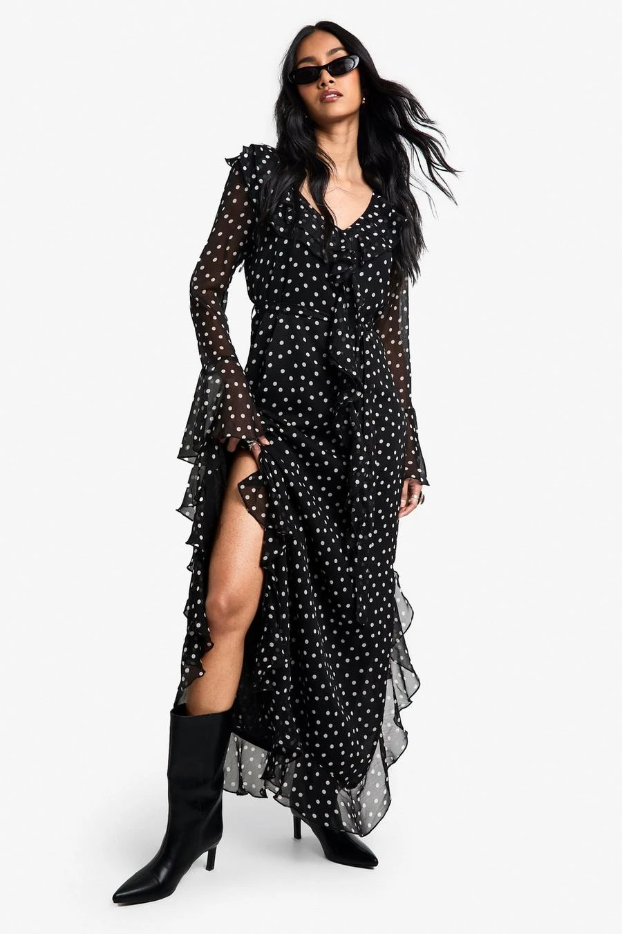BOOHOO Polka Dot Ruffle Flare Sleeve Belted Chiffon Maxi Dress 3 BOOHOO Polka Dot Ruffle Flare Sleeve Belted Chiffon Maxi Dress - Image 3