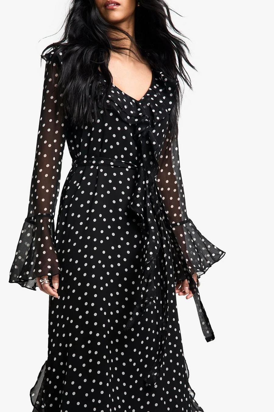 BOOHOO Polka Dot Ruffle Flare Sleeve Belted Chiffon Maxi Dress 4 BOOHOO Polka Dot Ruffle Flare Sleeve Belted Chiffon Maxi Dress - Image 4