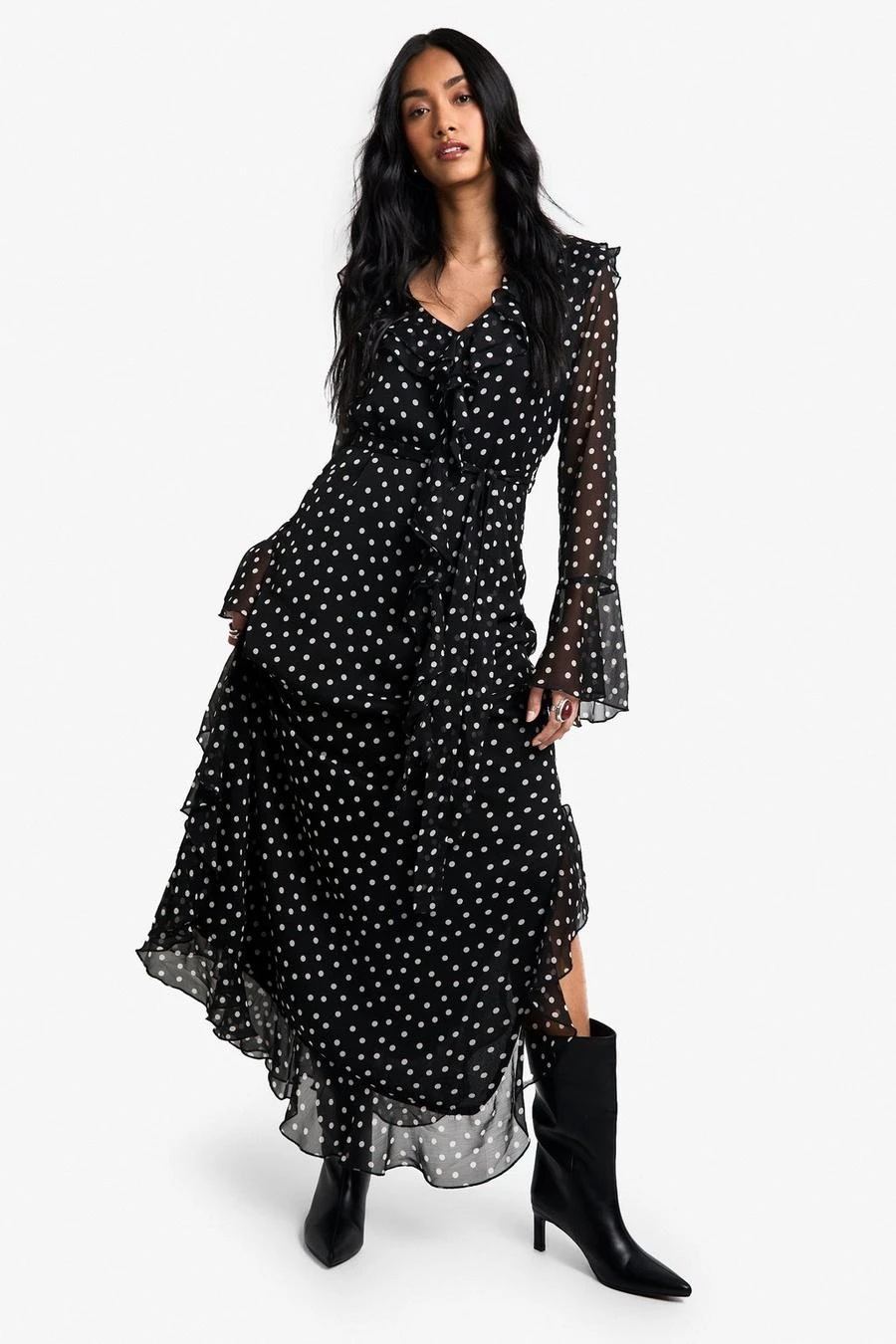 BOOHOO Polka Dot Ruffle Flare Sleeve Belted Chiffon Maxi Dress 1 BOOHOO Polka Dot Ruffle Flare Sleeve Belted Chiffon Maxi Dress