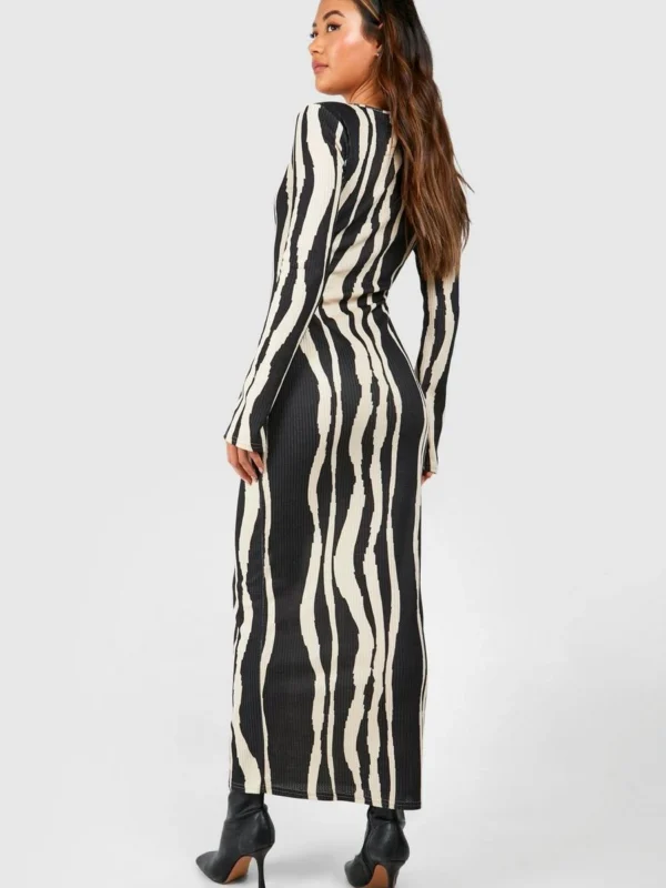 Outlet -BamBam Fashion Shop female black printed textured flare sleeve maxi dress 1