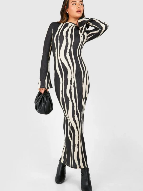 Outlet -BamBam Fashion Shop female black printed textured flare sleeve maxi dress 2