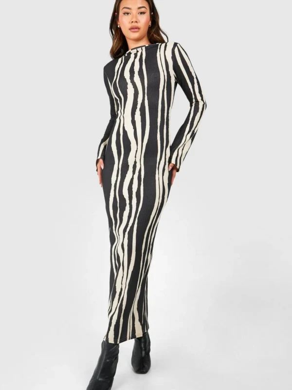 Outlet -BamBam Fashion Shop female black printed textured flare sleeve maxi dress