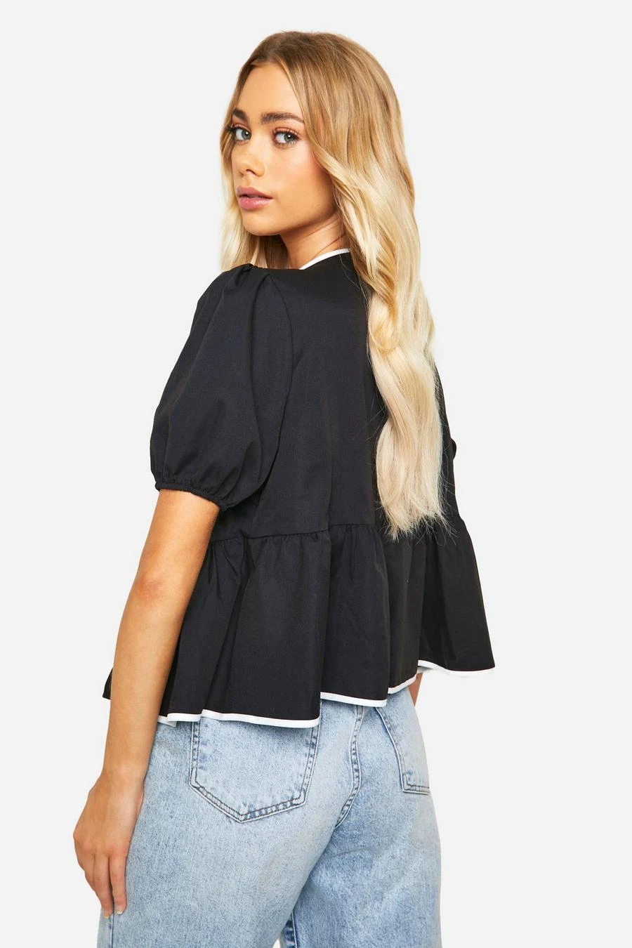 BOOHOO Puff Sleeve Contrast Poplin Bow Top 2 BOOHOO Puff Sleeve Contrast Poplin Bow Top - Image 2