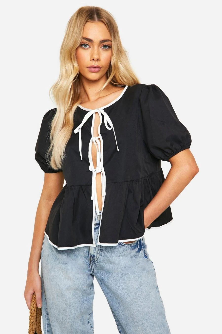 BOOHOO Puff Sleeve Contrast Poplin Bow Top 3 BOOHOO Puff Sleeve Contrast Poplin Bow Top - Image 3
