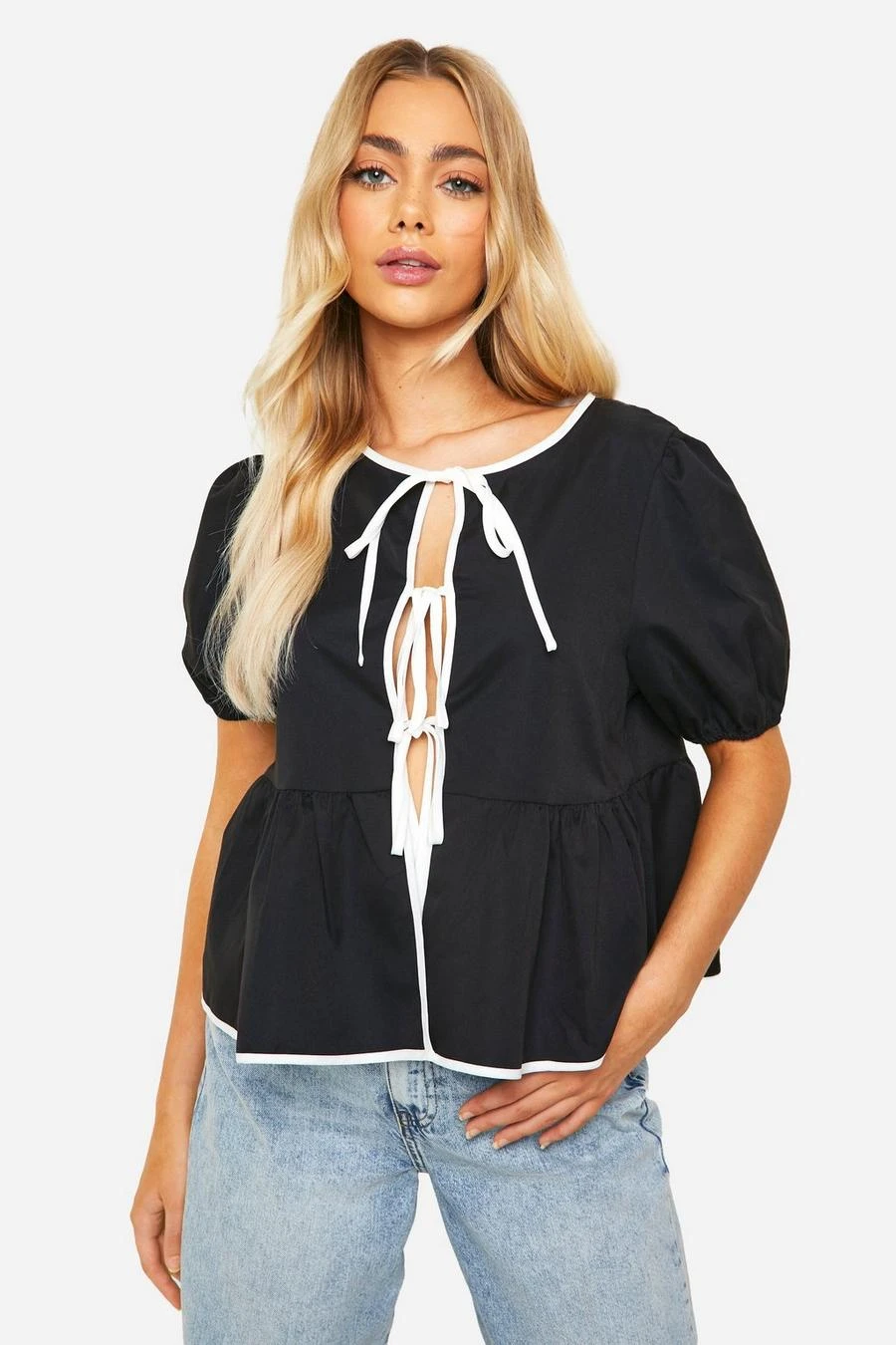 BOOHOO Puff Sleeve Contrast Poplin Bow Top 1 BOOHOO Puff Sleeve Contrast Poplin Bow Top