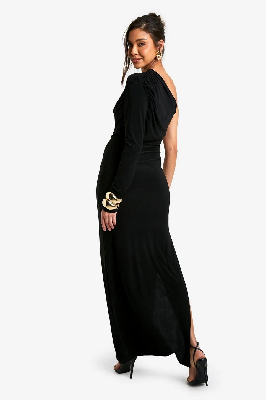 BOOHOO Ruched One Sleeve High Split Maxi Dress 2 BOOHOO Ruched One Sleeve High Split Maxi Dress - Image 2