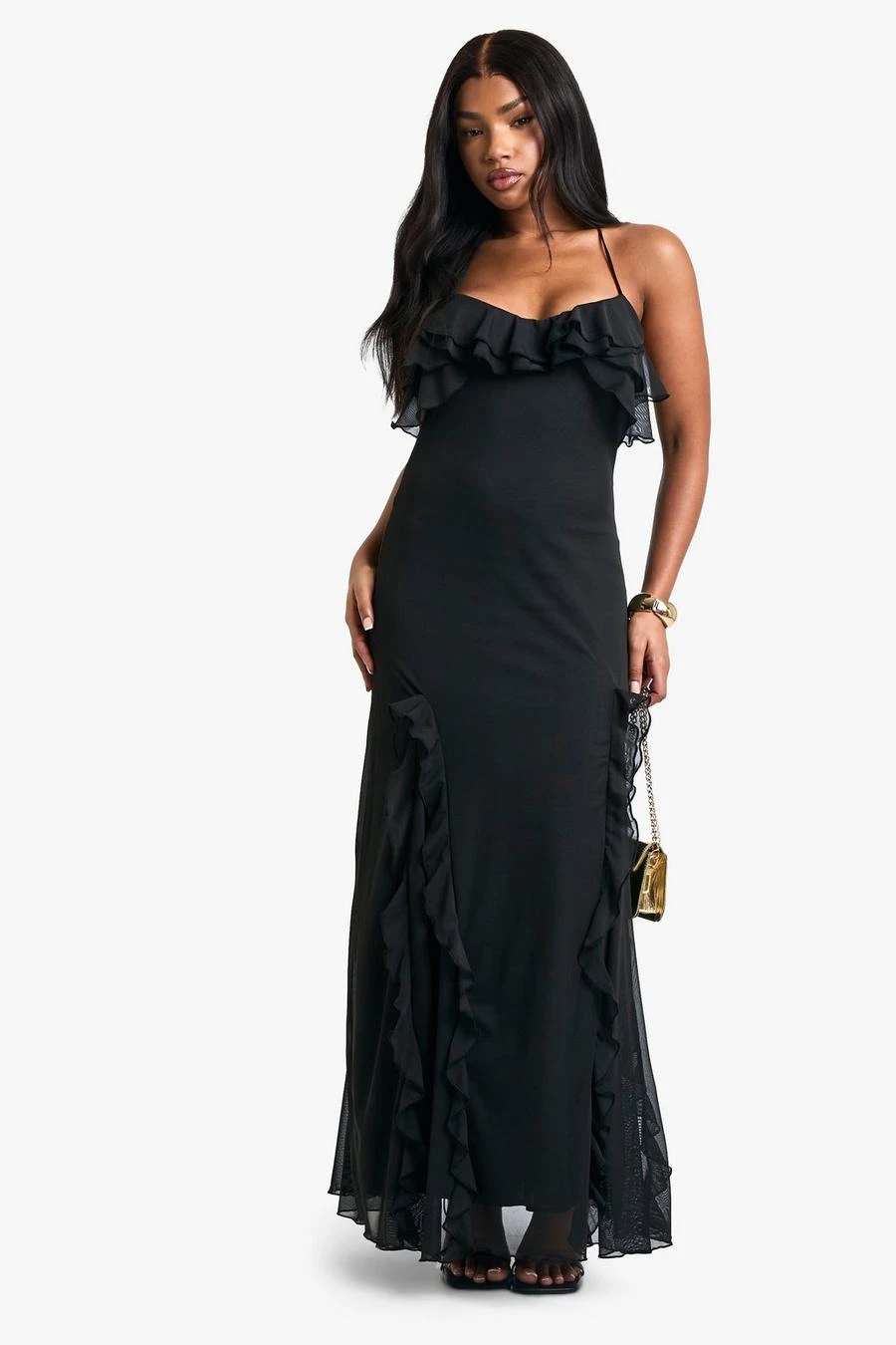 BOOHOO Ruffle Halter Neck Fit And Flare Maxi Dress 1 BOOHOO Ruffle Halter Neck Fit And Flare Maxi Dress