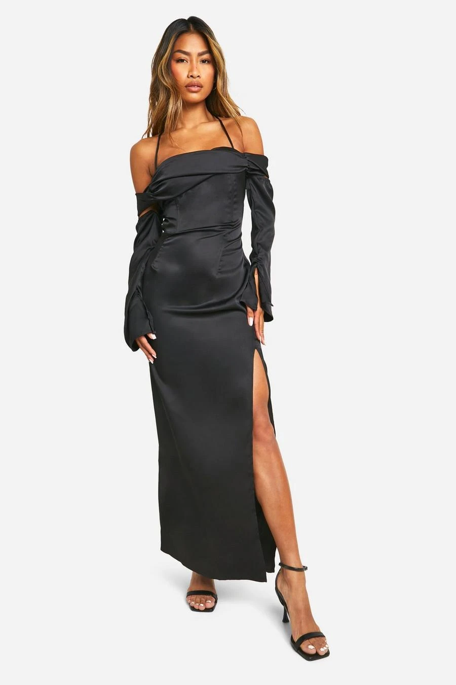 BOOHOO Satin Cold Shoulder Maxi Dres 3 BOOHOO Satin Cold Shoulder Maxi Dres - Image 3