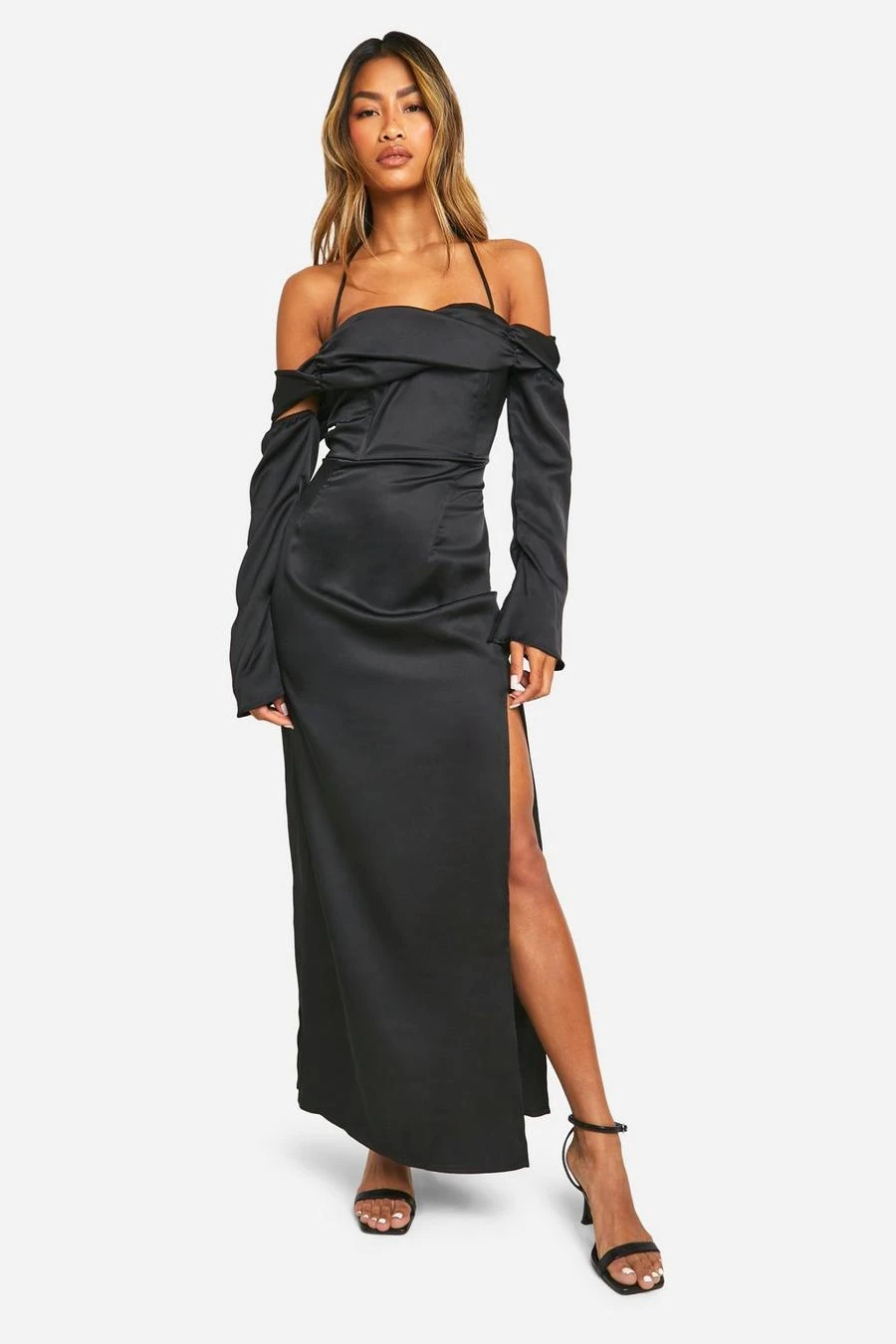 BOOHOO Satin Cold Shoulder Maxi Dres 1 BOOHOO Satin Cold Shoulder Maxi Dres