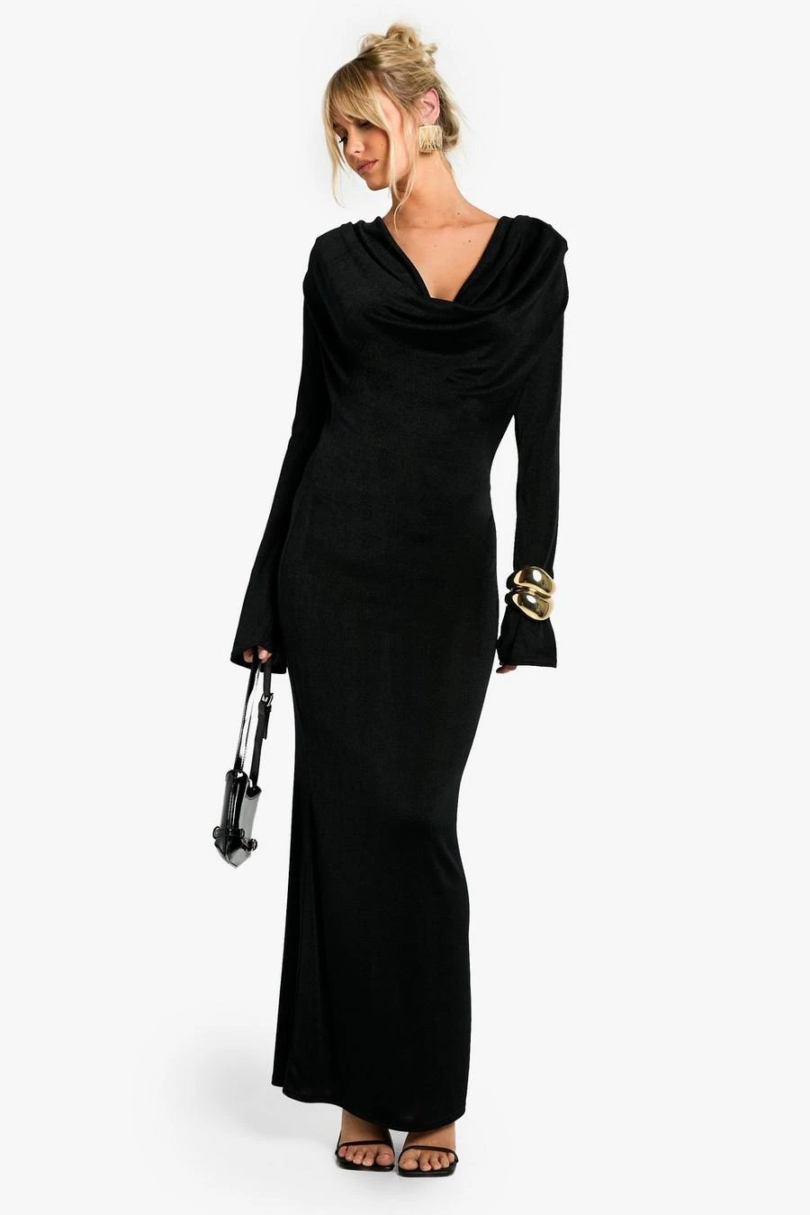 BOOHOO Shoulder Pad Plunge Long Sleeve Maxi Dress 1 BOOHOO Shoulder Pad Plunge Long Sleeve Maxi Dress