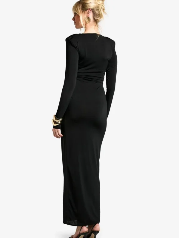 Outlet -BamBam Fashion Shop female black shoulder pad ruched drape slinky maxi dress 1
