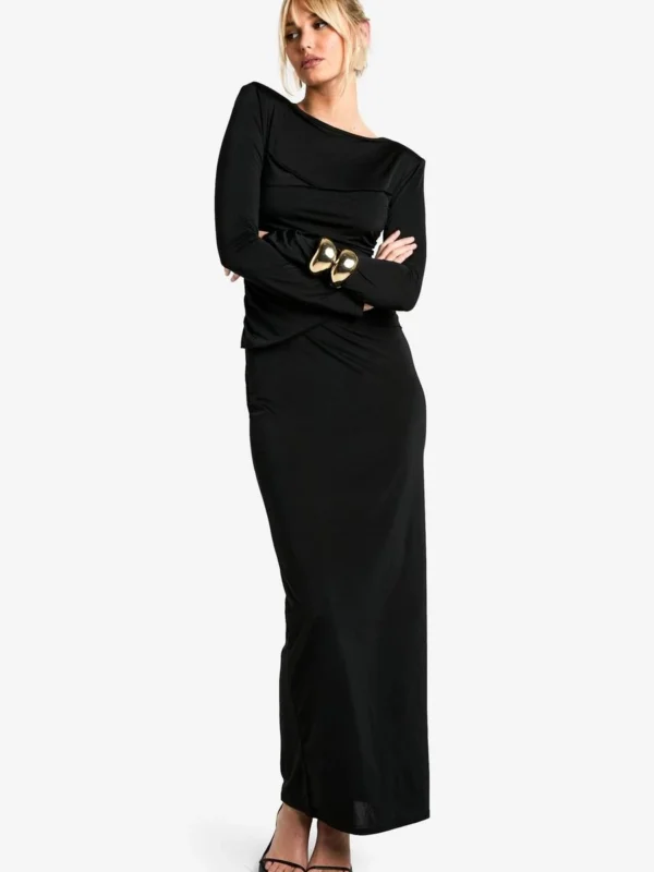 Outlet -BamBam Fashion Shop female black shoulder pad ruched drape slinky maxi dress 2