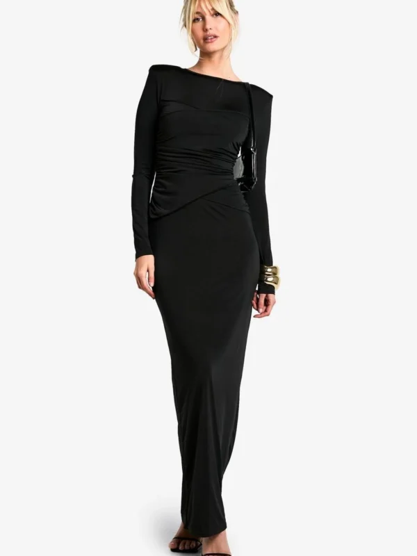 Outlet -BamBam Fashion Shop female black shoulder pad ruched drape slinky maxi dress