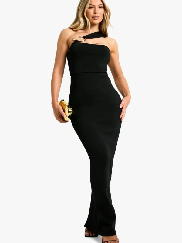 Outlet -BamBam Fashion Shop female black shoulder snake trim detail maxi dress