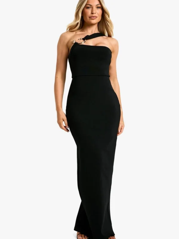 Outlet -BamBam Fashion Shop female black shoulder snake trim detail maxi dress 1 2