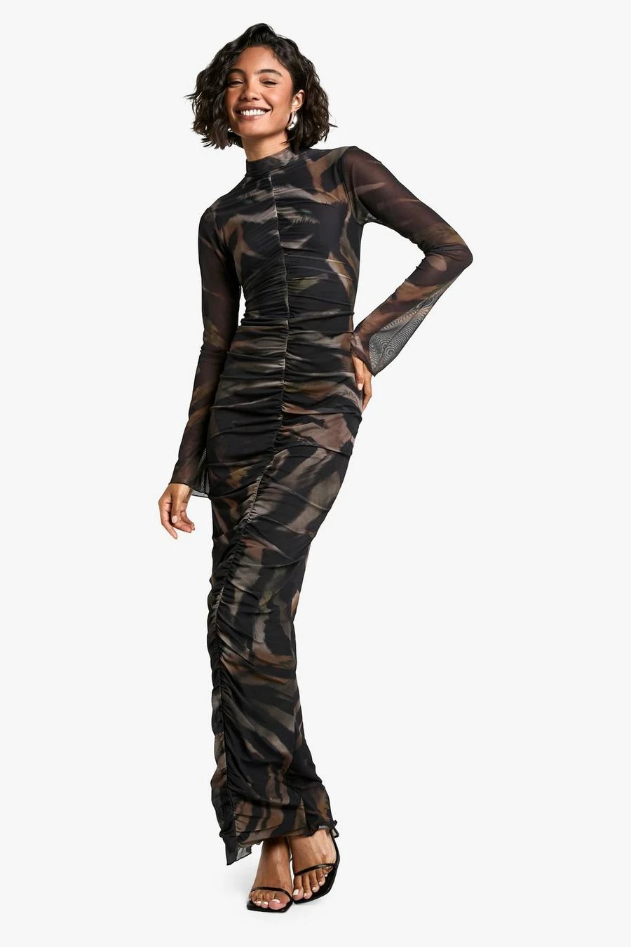 BOOHOO Tall Abstract Ruched Mesh MaxiDress 1 BOOHOO Tall Abstract Ruched Mesh MaxiDress
