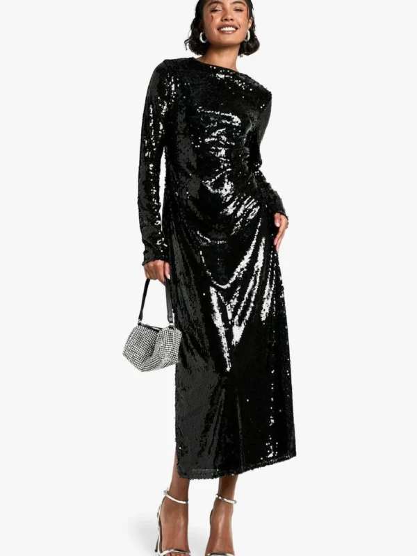 Outlet -BamBam Fashion Shop female black tall crew neck sequin maxi dress 2